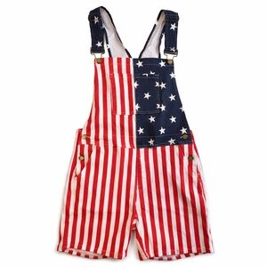 Women's Overalls USA America Flag Patriotic Red White Blue Romper Shorts Medium